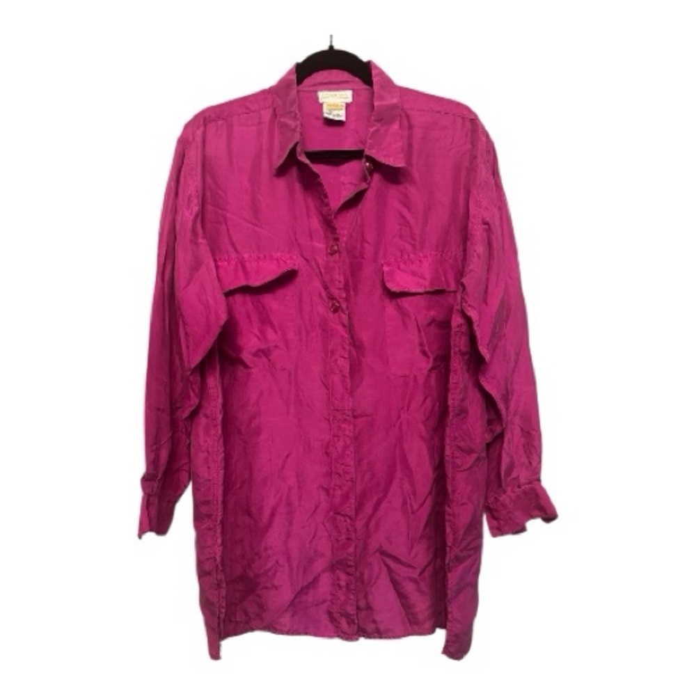 Vintage Roaman’s 100% Silk Hot Pink Button Down Shirt Size Medium